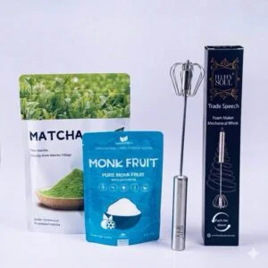 Matcha Starter Kit with Monk Fruit powder sweetener and mechanical whisk