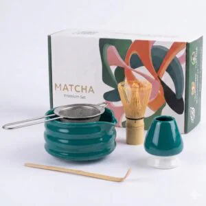 Matcha Traditional Kit Dark Green with bamboo whisk bowl scoop and holder