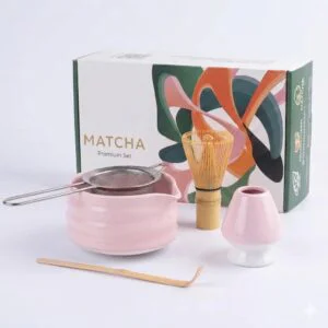 Matcha Traditional Kit Pink with bamboo whisk bowl scoop and holder
