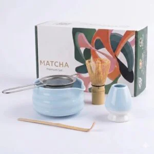 Matcha Traditional Kit Light Blue with bamboo whisk bowl scoop and holder