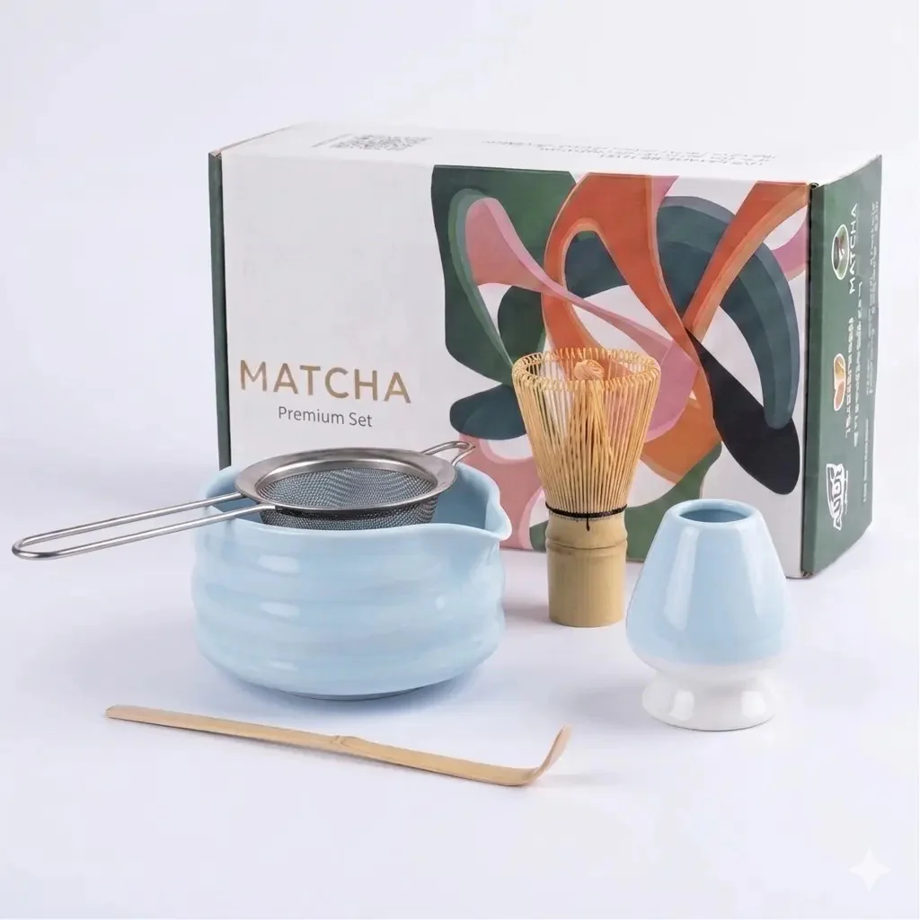 Matcha Traditional Kit Light Blue with bamboo whisk bowl scoop and holder
