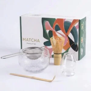 Matcha Traditional Kit Glass with bamboo whisk, bamboo scoop, bowl, and whisk holder