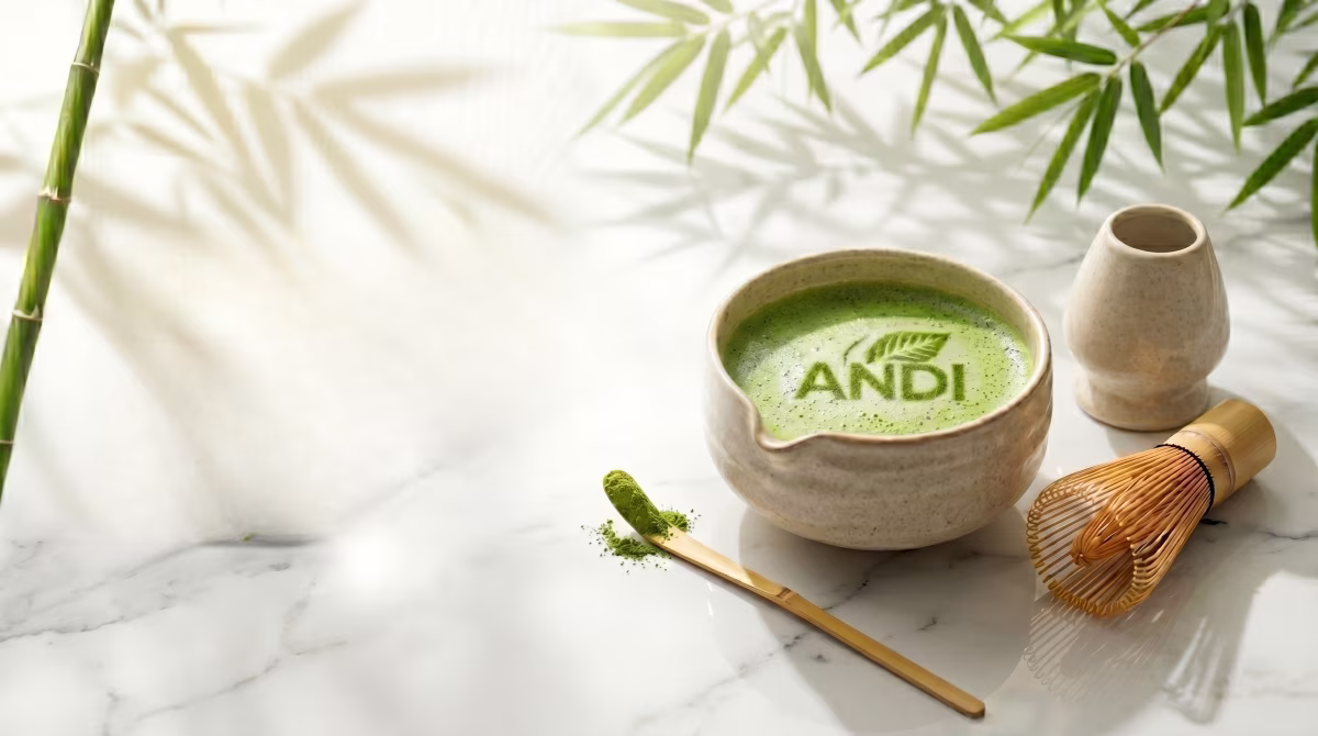 Traditional matcha tea bowl with a bamboo whisk and pure organic matcha powder on a white marble surface.